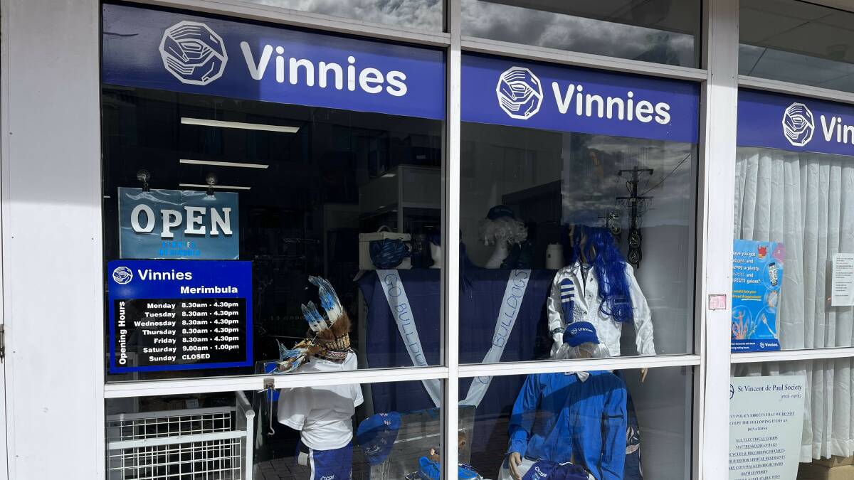 Vinnies in Merimbula have created a brilliant storefront window display with recycled clothing. Picture by James Parker