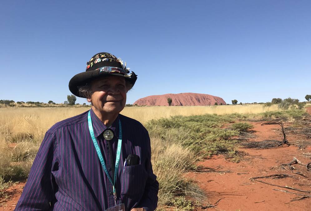 WE ARE ONE: Respected Elder and pastor Ossie Cruse, of Eden, at Uluru this week ahead of the First Nations Convention on the 50th anniversary of the historic 1967 referendum. Picture: Courtesy Kuh Cruse 