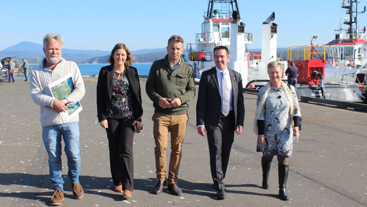 TOUR: Bundian Way manager Noel Whittem, Mayor Kristy McBain, ministers Andrew Constance and Paul Toole, Chamber of Commerce president Jenny Robb. Picture: Liz Tickner    