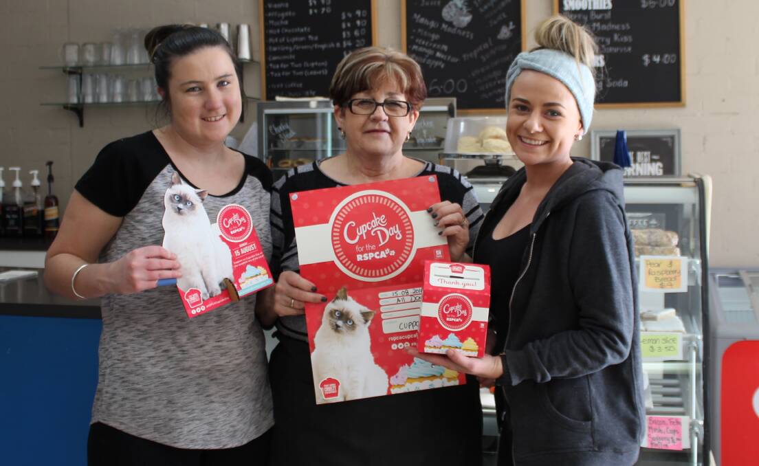 FUNDRAISER: Danielle Grubesic, Leonie Gavel and Molly Davidson at Cuppaz are hosting Cupcake Day on Monday, August 15, to raise money for the RSPCA. See page 7.  