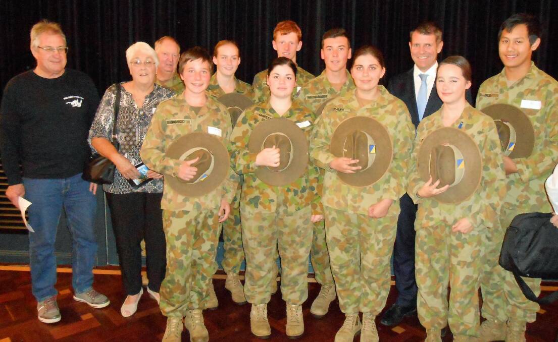 THANKS PREMIER: Rob Routledge, Judy Brown and Lt Joe Ralph with the 222 South Coast cadet unit and NSW premier Mike Baird.