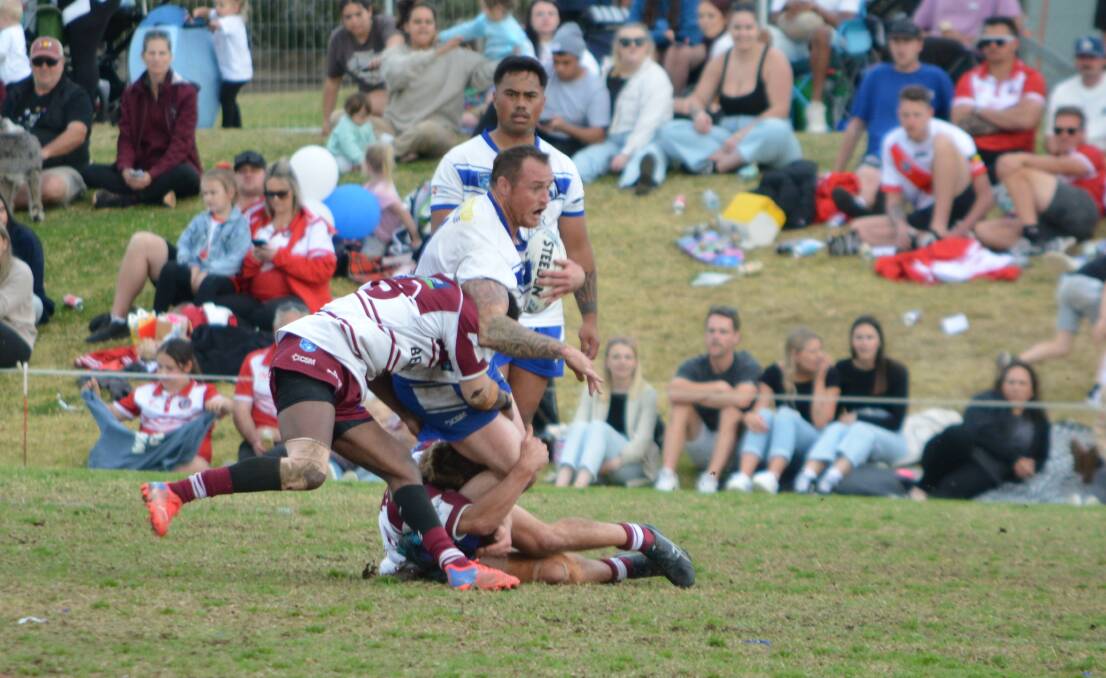 Bulldogs prop Grant Moon is taken down. Picture by Ben Smyth