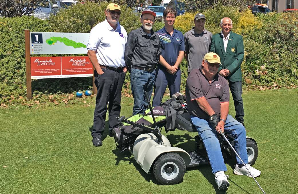 Ron Finneran in the new PMGC golf cart built for golfers with a walking disability with Colin Dunn, Brad Barker, Ryan Clarke, Pat Wilson, and David Boag.