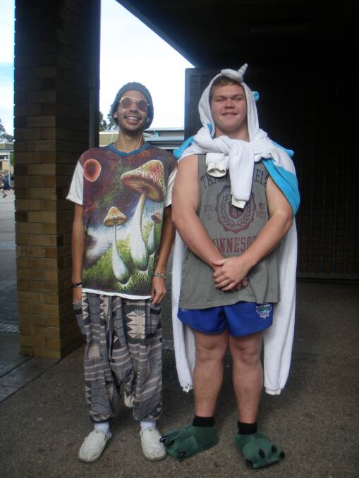 Head turners: EMHS community support prefect Ryker Bailey and Aboriginal prefect Brad Chalker wearing their unique version of pyjamas, Friday June 22. Picture: Kate Mamone