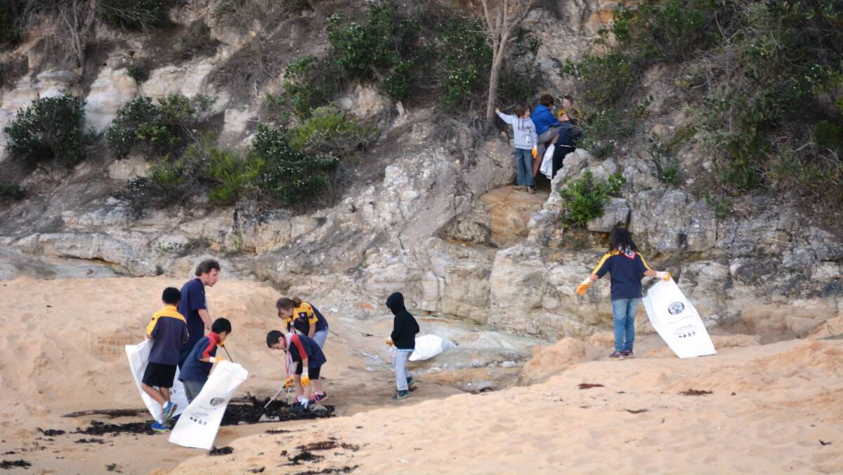 Eden Sea Scouts and cub leaders collecting marine debris on Aslings Beach for the Australian Marine Debris Initiative.