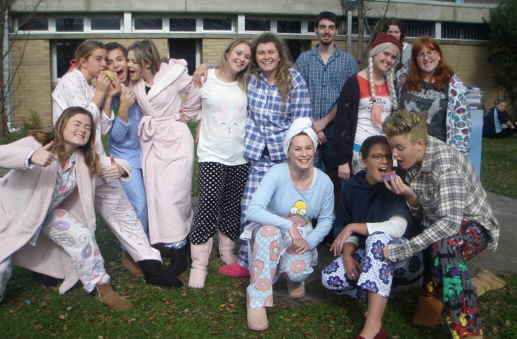 Pyjama party for a great cause: EMHS year 11 and 12 students and staff in their PJs enjoying some fund-raising food, Friday June 22. Picture: Kate Mamone