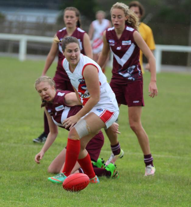 Eden's Kamilla Grubesic shepherds her Bega-Tathra opponent off the ball during the last clash with the Sea Eagles. 