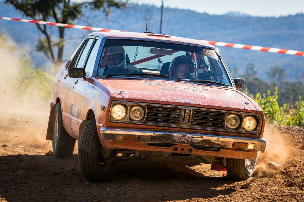 Getting muddy: Lynda Leigh and co-driver Maisie Place tear through an Eden stage of the Bega Valley Rally. Picture: Roy Meuronen Photography