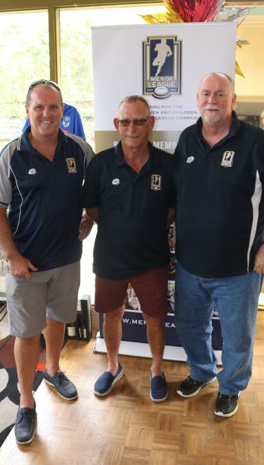 Great show: Men of League state manager Stuart Raper, FSC branch president Col Clarke and guest auctioneer Neville Glover get ready for presentations on Sunday. 