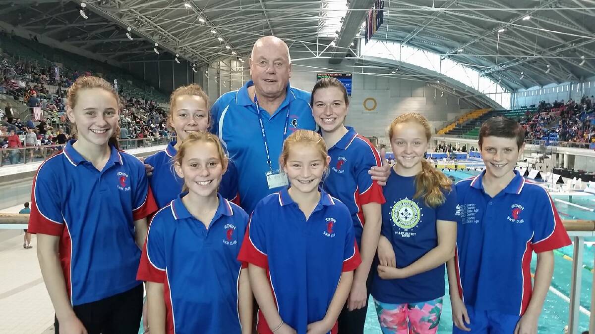Eden Swimming Club members with coach John Pelling get ready to compete at the Country Championships over the weekend. 