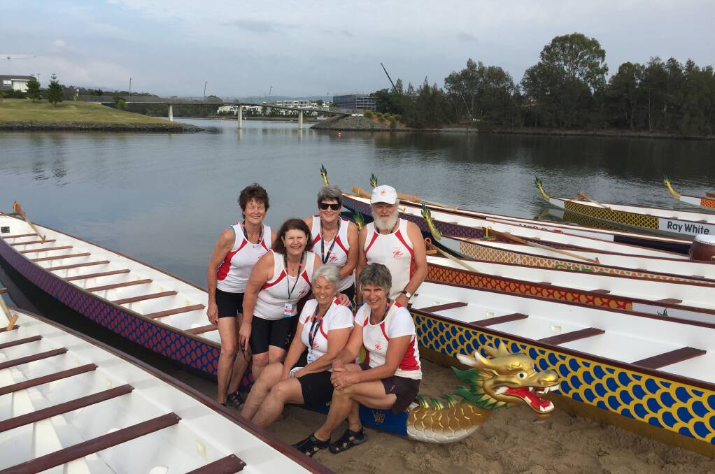 Liz Shaw, Winsome Smith, Charles Helmore, Denise Dion, Mary Balmain and Pat Helmore at Varsity Lakes, Gold Coast for the dragon boating event.