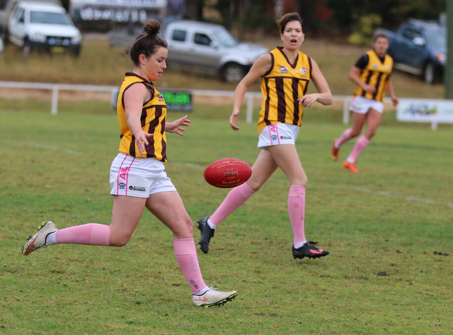 On the boot: Lauren Kidd winds up a kick for the Pink Panthers recently with the club going down to Bermagui on Saturday. 