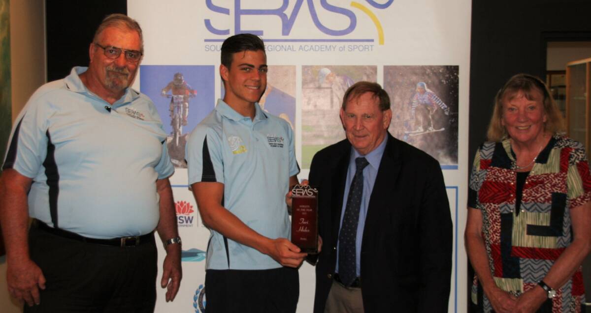 Athlete of the year: 2015 winner Turi Hides is congratulated by SERAS chairman Mick Mayhew, Bega Valley mayor Michael Britten and Liz Seckold.