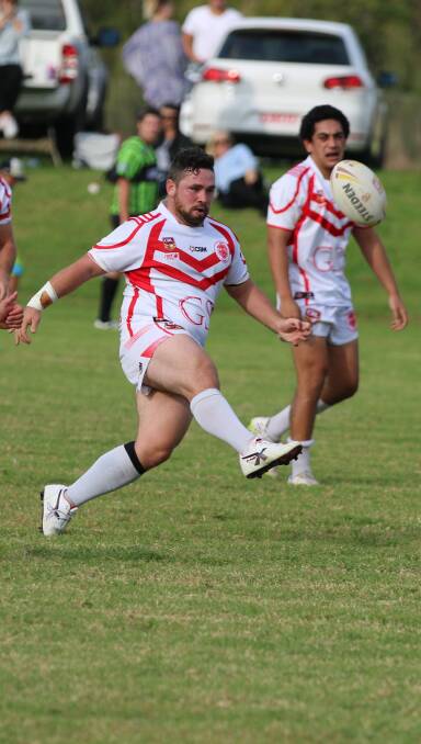 Off the boot: John Aldridge fires a fifth tackle kick down the line against the Moruya Sharks on Sunday. 