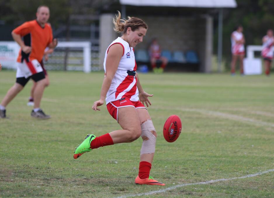 On the ball: Kamilla Grubesic sends a kick forward during a standout display in the Whalers' win over Tathra on Saturday. 