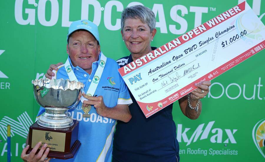 Open winner: James Reynolds accepts the Australian Open cup after downing triples team-mate Josh Barry 21-8 in the final. Picture: Facebook.