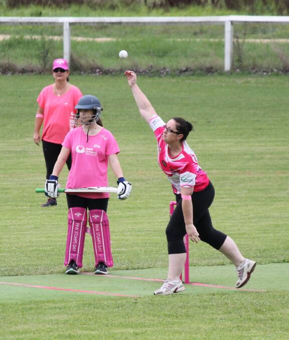 On pitch: Kameruka Pink Cockatoos captain Natasha Anderson fires a ball down the pitch during the Pink Stumps day round at Lord's View Oval on Saturday morning. 