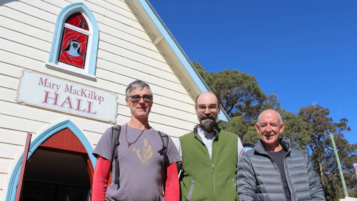 Seán Deany, David Schütz and Paul Coghlan outside Eden's Mary MacKillop Hall on Thursday, April 27 before returning to Melbourne. Photo: Zach Hubber