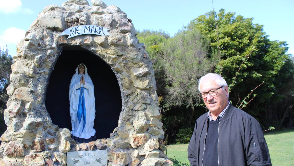 VOILA: Architect Hilaire Alba alongside his latest creation, a replica of the Grotto of Our Lady of Lourdes in Eden. Photo: Zach Hubber