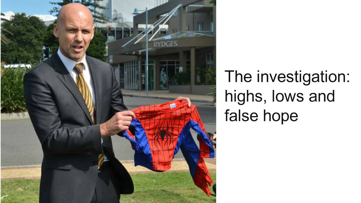 CLICK THE PHOTO for videos and an in-depth story about the investigation.  Pictured above is the investigator in charge of the case, Detective Inspector Gary Jubelin, with a Spiderman outfit, similar to the one William Tyrrell was wearing when he went missing. 