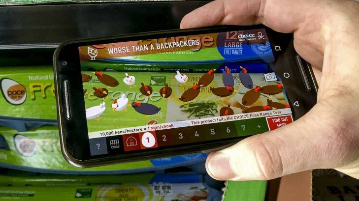 Choice's Cluck AR app in action at a Woolworths store Photo: Daniel Pockett