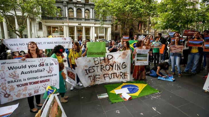 Brazilians protest outside BHP Billiton's headquarters in Melbourne on Friday. Photo: Eddie Jim