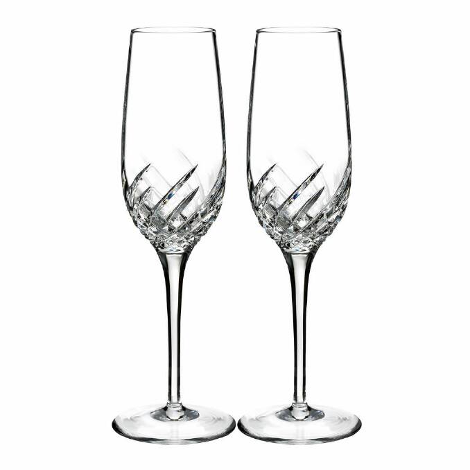 Waterford Crystal's Essentially Waterford wave flute pair in Crystal, $179, waterfordcrystal.com.au. Photo: Supplied