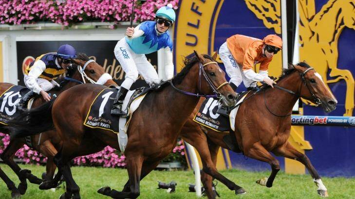 Shaded: Rising Romance (right) in the Caulfield Cup.