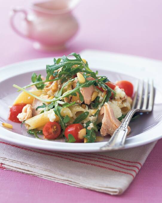 Salmon and pasta salad <a href="http://www.goodfood.com.au/good-food/cook/recipe/salmon-and-pasta-salad-20121002-3434n.html"><b>(recipe here).</b></a>