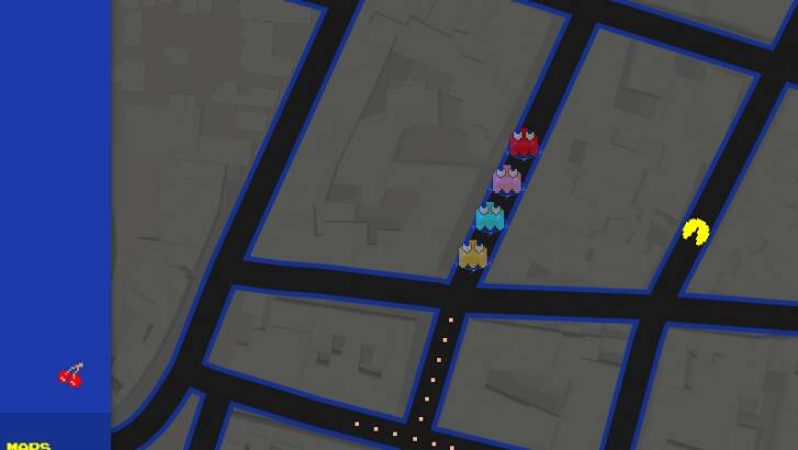 Google has turned its Google Maps app into a PAC-MAN game for April Fools Day. Photo: Screenshot: Google Maps
