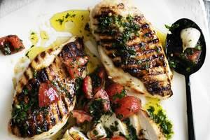 Neil Perry's barbecued chicken breast with sauce vierge and potato puree Photo: William Meppem