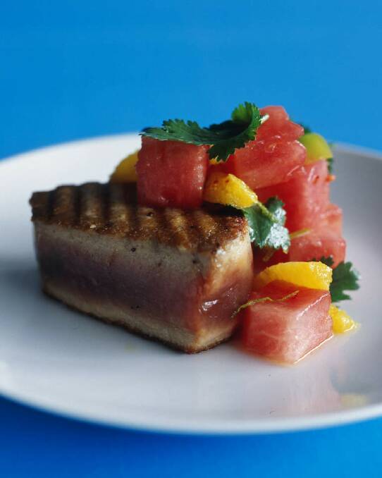 Luke Mangan's grilled tuna with watermelon salsa <a href="http://www.goodfood.com.au/good-food/cook/recipe/grilled-tuna-with-watermelon-salsa-20140108-30g5y.html"><b>(RECIPE HERE).</b></a> Photo: Jennifer Soo
