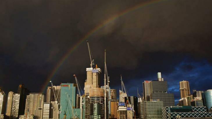  A rainbow  above Sydney after a sun shower at Barangaroo.  Photo: Dominic Lorrimer