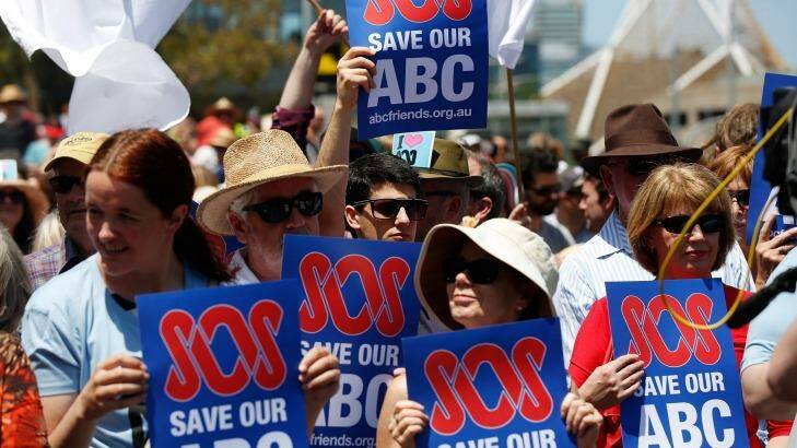 Protests: Hundreds of people gathered in Federation Square, Melbourne, to rally against cuts to the ABC. Photo: Paul Jeffers