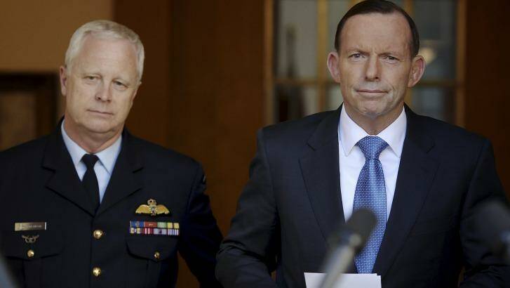 Prime Minister Tony Abbott addresses the media during a joint press conference with Chief of the Defence Force, Air Chief Marshal Mark Binskin Photo: Alex Ellinghausen