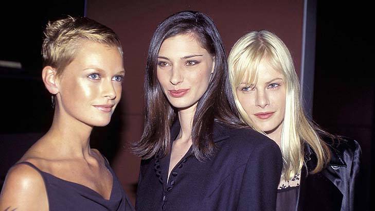 Sarah Murdoch, Anneliese Seubert and Emma Balfour at 1996 Australian Fashion Week. Photo: Patrick Riviere