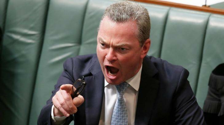 Mr Pyne tells the opposition what he thinks of them on Wednesday. Photo: Alex Ellinghausen