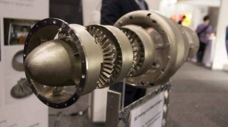 The 3D printed jet engine on display at the Avalon Airshow. Photo: Monash Centre for Additive Manufacturing