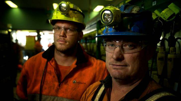 Mine workers Adam Powell and Darrin Francis, at the Springvale mine near Lithgow. Photo: Wolter Peeters