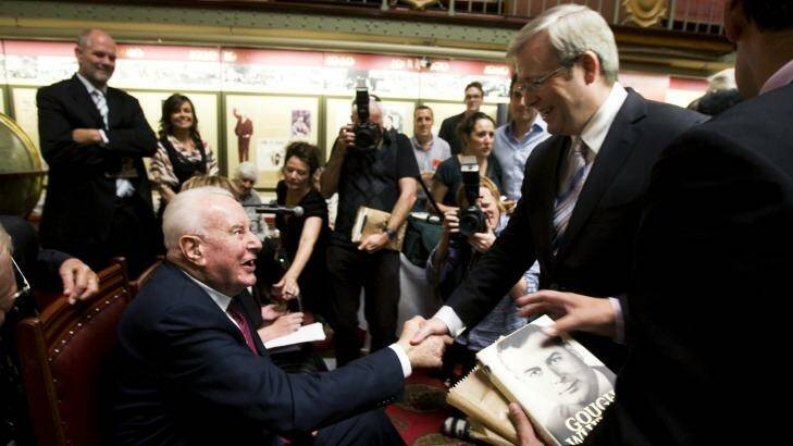 Kevin Rudd shakes hands with Gough Whitlam after launching a biography on the former Labor prime minister at the NSW State Parliament on November 6, 2008.   Photo: Nick Moir