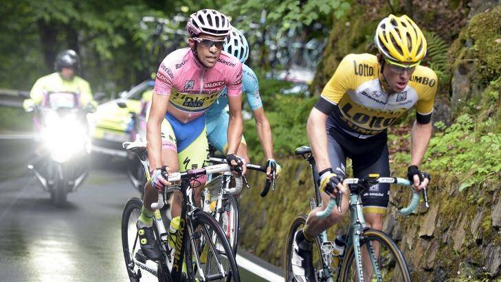 Alberto Contador climbs during the 16th stage of the Giro d'Italia.