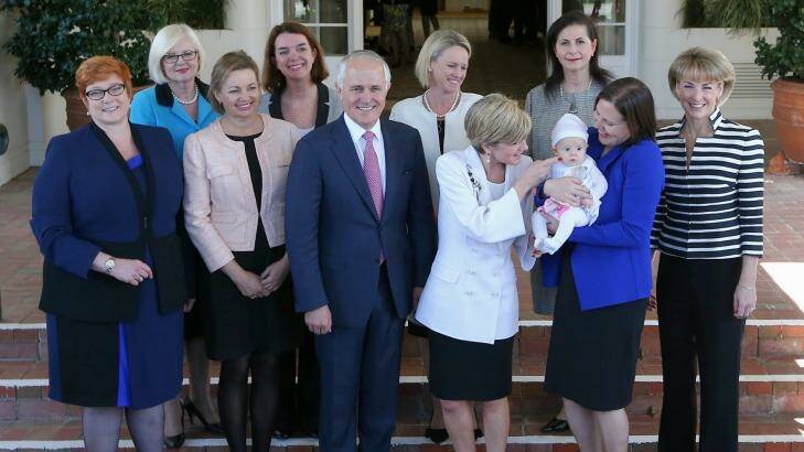 Malcolm Turnbull with  women in his cabinet after they were sworn in on September 21. Photo: Alex Ellinghausen