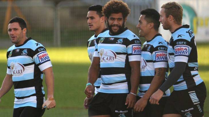 Struggling for numbers: Cronulla’s depleted squad trains at Remondis Stadium on Thursday. Photo: John Veage