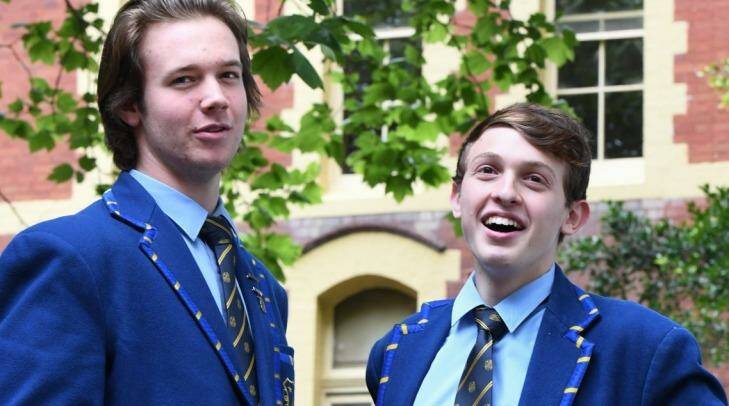 Andrew Cotton and Christian D'Aloia after their HSC Business exam on Friday.  Photo: Peter Rae