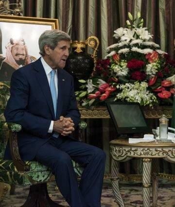 Search for allies: US Secretary of State John Kerry confers with Saudi King Abdullah bin Abdul Aziz al-Saud in Jeddah on Thursday. Photo: Brendan Smialowski