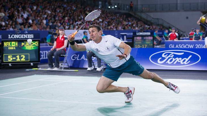 52-year-old Michael Donohoe, competing for Norfolk Island in the badminton. Photo: James Brickwood