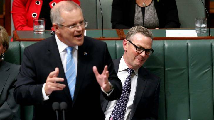 Treasurer Scott Morrison and Minister for Industry, Innovation and Science Christopher Pyne during question time on Wednesday. Photo: Alex Ellinghausen