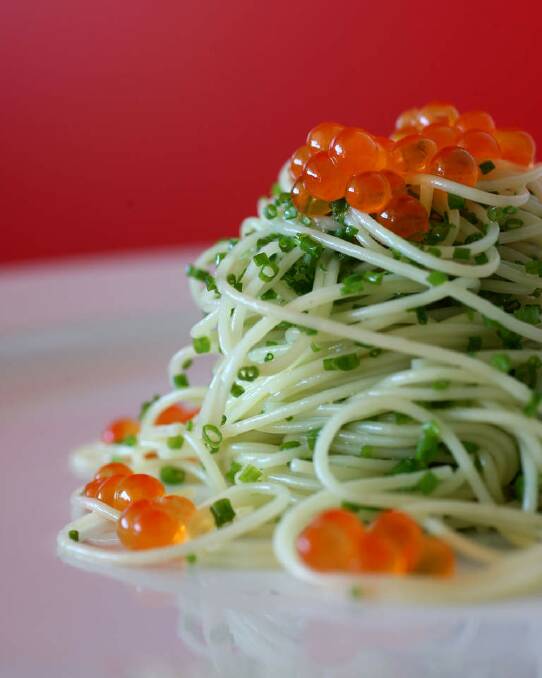 Spaghettini with chives and salmon roe <a href="http://www.goodfood.com.au/good-food/cook/recipe/spaghettini-with-chives-and-salmon-roe-20111018-29wjd.html"><b>(recipe here).</b></a> Photo: Quentin Jones