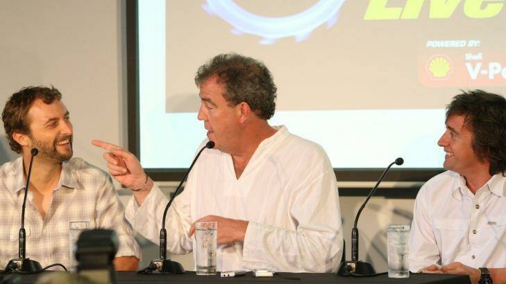 Australia's Steve Pizzati (left) joins Jeremy Clarkson and Richard Hammond for the Top Gear Live stadium show in Sydney in 2009. Photo: Peter Rae 
