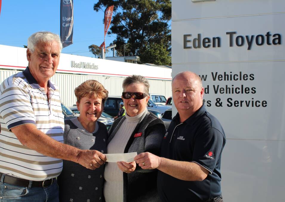 Eden Motor Group sales executive Brad Evans (right) presents a $1000 cheque to (from left) concert organisers Daryl and Angie Dobson, Pambula District Hospital Auxiliary vice-president Susan Stephenson, on Thursday.